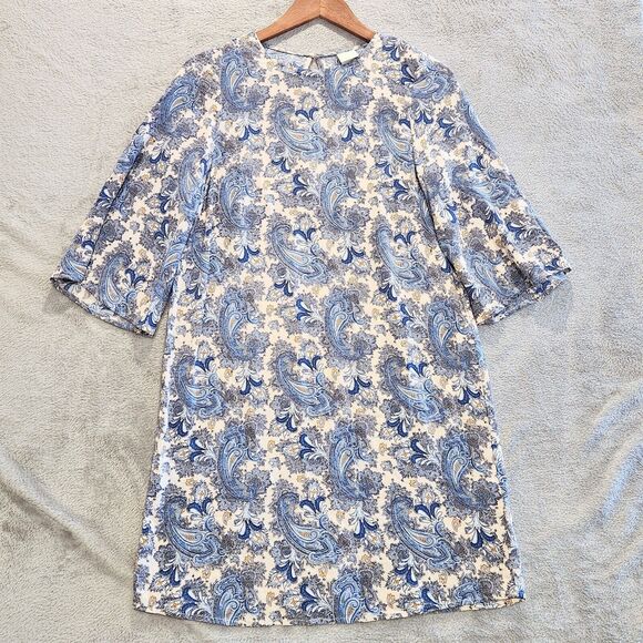 H&M Cream Blue Paisley Fit & Flare Sleeve Shift Mini Dress Size 2 Dainty Flowy - Picture 1 of 12